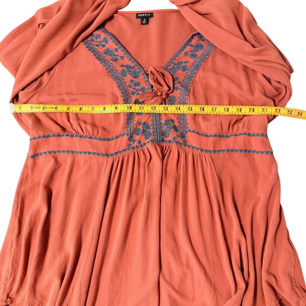 Torrid Tunic Top Boho Embroidered Womens 2 Orange Renfair Long Sleeve Blouse - Picture 9 of 10